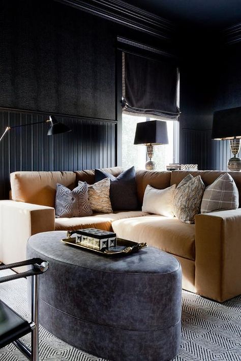 Dramatic room Black Beadboard Walls, Leather Ottoman Coffee Table, Moody Living Room, Coffee Room, Living Room Furniture Layout, Velvet Sectional, The World Of Interiors, Comfortable Furniture, Contemporary Coffee Table