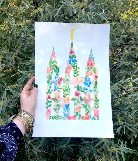 Watercolor Salt Lake City LDS Temple Painting- floral peach watercolor Temple Craft, Watercolor Salt, Watercolor Invites, Lds Pictures, Temple Painting, Lds Yw, Peach Watercolor, Paint Crafts, Color Tips