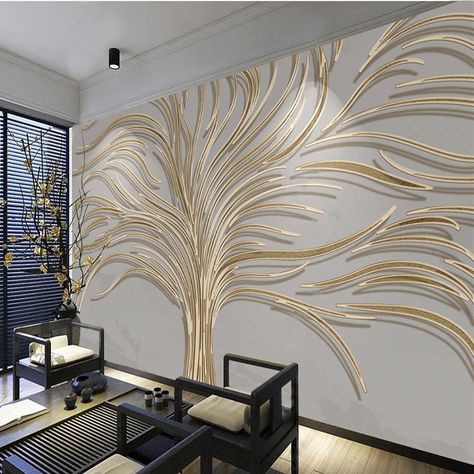 DESCRIPTION This is a creative 3D golden tree wall sticker that gives your wall a unique touch and brings attractiveness to your wall at your house. Its golden touch gives it a shiny glowing texture which will attract people to that side of the wall. This sticker will stick on any smooth surface and will give a smooth look. Bring this beautiful gorgeous sticker/ wallpaper to your house for a beautifully constructed wall. FEATURES Style: Modern Material: Polyester Pattern: Golden Tree Use: Living Office Feature Wall, Stylish Bedroom Decor, Wall Panels Bedroom, 3d Wallpaper Mural, Mobile Skin, Golden Wall, Wall Panel Design, 3d Wall Murals, Golden Tree