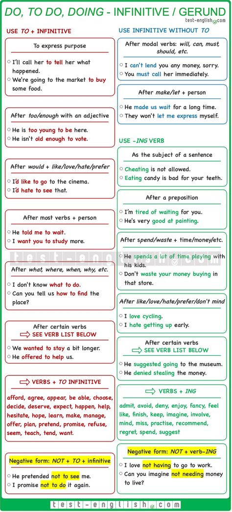 Gerund or infinitive – do, to do, doing - Test-English Verb Forms Chart, English Grammar Chart, To Infinitive, Uni Hacks, Gerunds And Infinitives, Advanced English Grammar, Grammar Chart, English Grammar Exercises, English Quiz