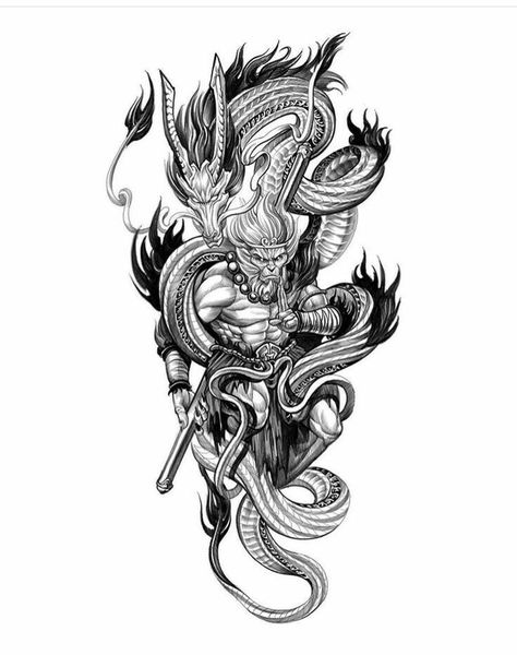 Caretaker Tattoo, Sun Wukong Tattoo Design, Son Wukong Tattoo, Monkey King Tattoo Design, Wukong Tattoo Design, Sun Wukong Tattoo, Wukong Tattoo, Monkey King Tattoo, Tato Lengan Bawah