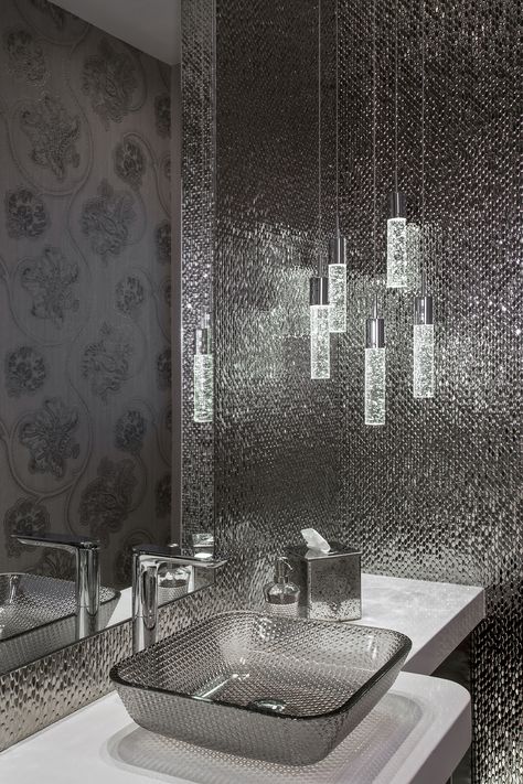 Royal Palm - Conrad White Interiors - Bathroom Glam Bathroom Tile Ideas, Shiny Bathroom Tile, Metallic Tiles Bathroom, Metallic Tile, Metallic Tiles, Moon Room, Glitter Room, Glitter Tiles, Crystal Bathroom