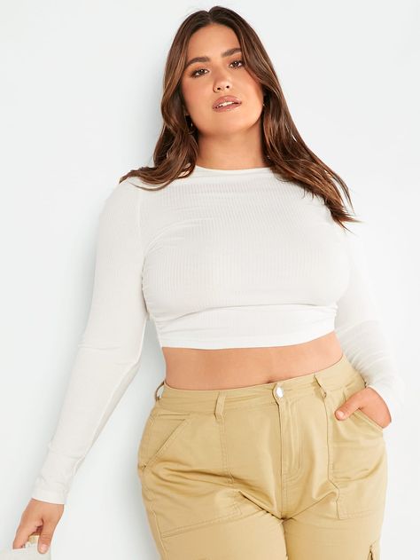 evoluSHEIN Plus Solid Ribbed Knit Crop Top White Long Sleeve Crop Top, Knit Crop, Knit Crop Top, White Casual, White Long Sleeve, Full Sleeve, Long Sleeve Crop Top, Snug Fit, Plus Clothing