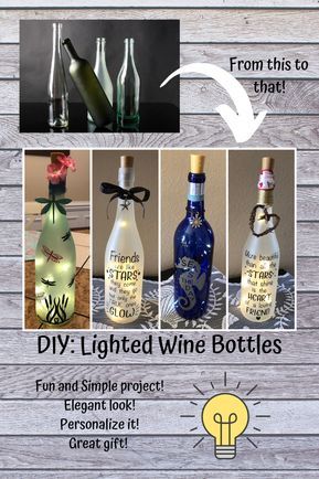 DIY: Lighted Wine Bottles #cricutmade #diycrafts #lightedwinebottles #winebottlecrafts #diydecor #cricutprojects Wine Bottle Crafts With Lights, Crafts With Lights, Clear Wine Bottle, Wine Bottle Crafts Christmas, Wine Bottle Project, Light Up Bottles, Glass Bottle Diy, Diy Glass Bottle Crafts, Wine Craft