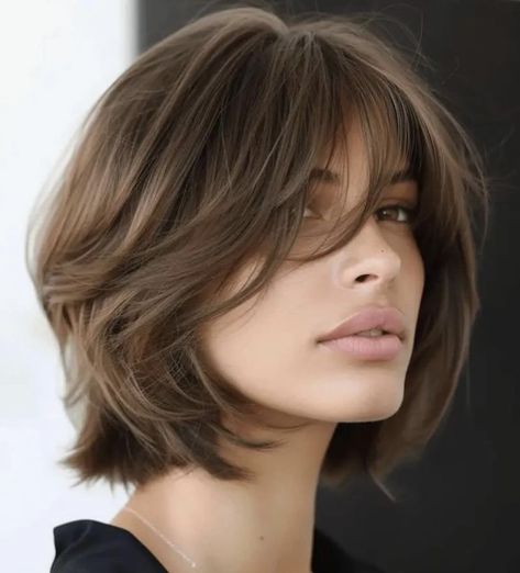 Hire Cut, Short Brown Bob With Bangs, Birkin Bangs Short Hair, Dark Brown Bob With Bangs, Emma Stone Bob With Bangs, Chin Length Hair 2024, Sleek Short Hair, Chic Short Hair, Bob Haircut For Fine Hair