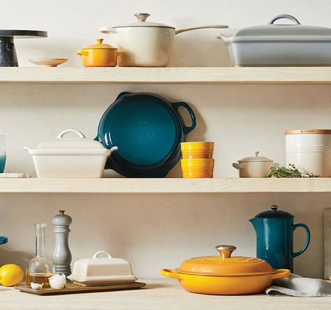 Kitchen Open Shelving, Le Creuset Colors, Contrast Lighting, Kitchen Open, Blue Palette, Enameled Cast Iron, Deep Teal, Le Creuset, What To Cook