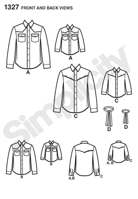 Simplicity 1327 Boys' and Men's Western Shirt and Tie Western Pleasure Shirt, Western Shirt Pattern, Western Riding Clothes, Shirt Blouse Pattern, Girls Western Shirts, Ladies Western Shirts, Blouse Pattern Free, Clothing Sewing Patterns Free, Suit Sewing Patterns