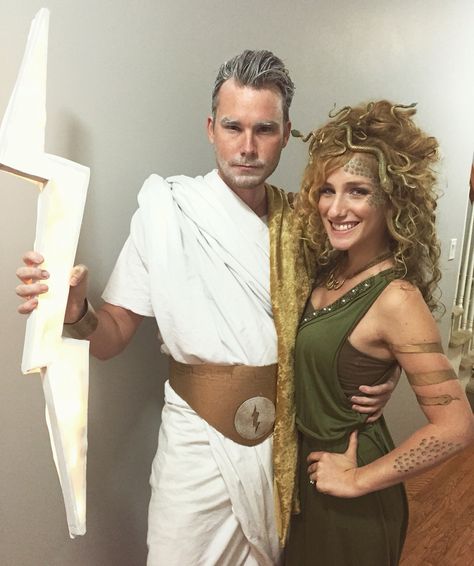 Zeus and Medusa Medusa And Greek God Costume, Perseus And Medusa Costume, Medusa And Zeus Costume, Zeus And Hera Costume, Medusa Couples Halloween Costume, Greek Mythology Couples Costumes, Madussa Halloween Costume, Zeus Halloween Costume, Medusa Costume Couple