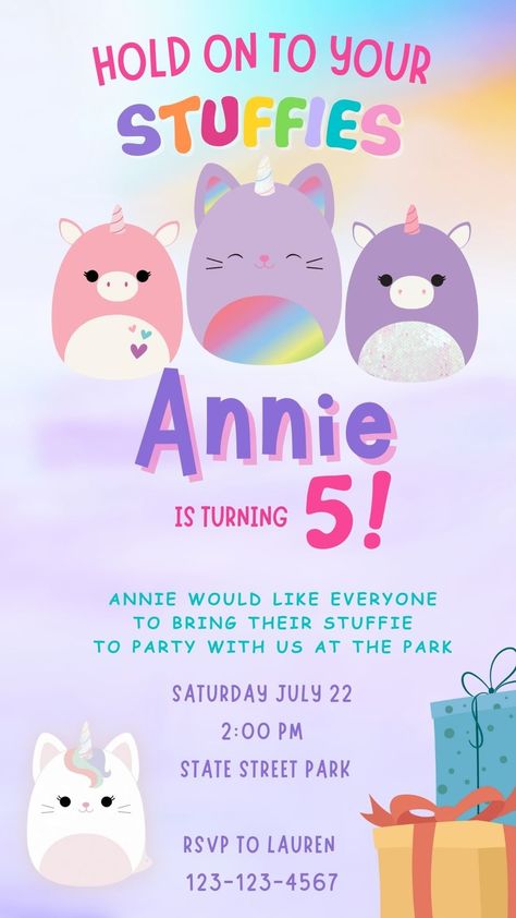 Create a fun and cute birthday invitation for the squishmallow lover in your life! Squishmallow Birthday Party Invitation, Squishmallow Birthday Party Ideas, Squishmallow Invitation, Squishmallows Birthday Party, Squishmallow Birthday Party, Birthday Party Invitations Diy, 6th Birthday Girls, Kindergarten Party, Sleepover Invitations