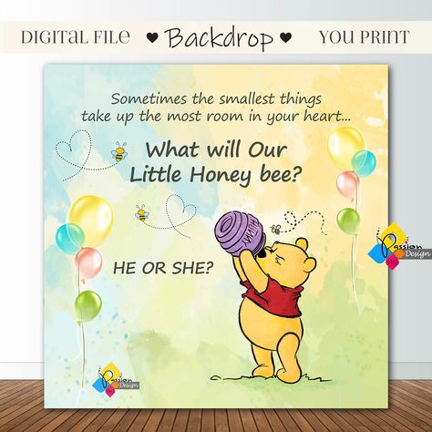 Pooh Gender Reveal, Winnie The Pooh Gender Reveal, Backdrop Sizes, Printable Winnie The Pooh, Bee Themed Gender Reveal, Gender Reveal Backdrop, Gender Reveal Baby Shower Themes, Bee Gender Reveal, Gender Reveal Party Theme