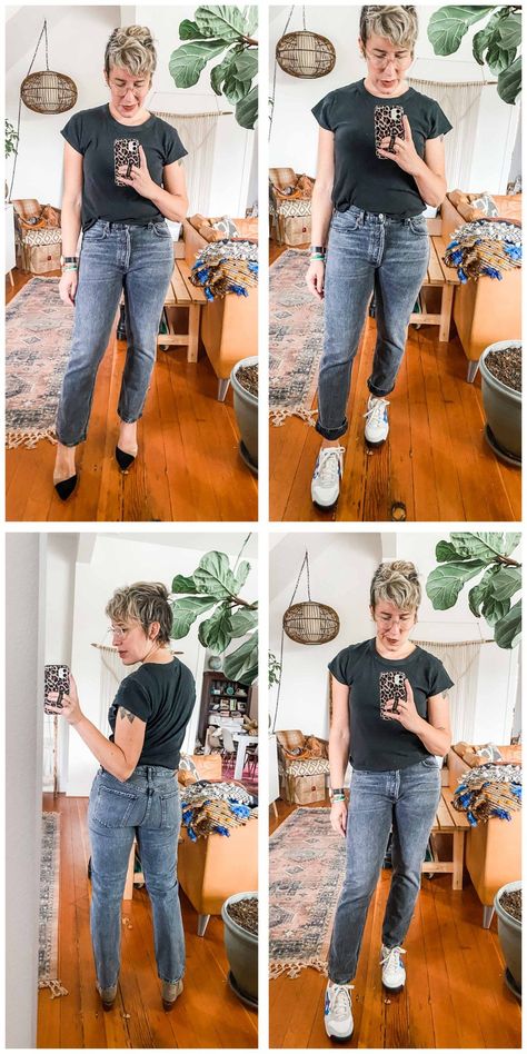 PERFECTLY FADED: A BLACK WASH, STRAIGHT-LEG JEANS REVIEW | We totally dig on really good black wash jeans. So we're reviewing 5 pairs of straight-leg denim, including Levi's, MOTHER, AGOLDE & more. | #TheMomEditStyle #AintNoMomJeans #StraightLegJeans #BlackWashJeans #CitizensOfHumanityHighRise #MOTHERDenim #AGOLDEJeans #Levis501 #LevisWedgieFit Black Wash Jeans, Looks Jeans, Street Style Aesthetic, Agolde Jeans, Fall Shorts, Fall Jeans, Aesthetic Look, Mother Denim, Fashion Night