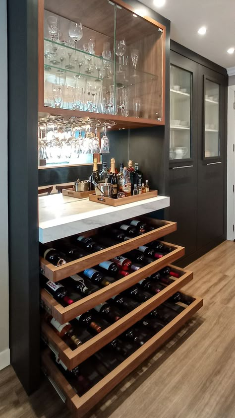 Basement Bar Wine Storage, Wine Closet Ideas Small Spaces Bar Areas, Small Bar With Fridge, Kitchen Cocktail Bar Ideas, Wine Bars For Home, Bar In Dining Room Ideas, Home Bar Cabinet Ideas, Wine Bar Interior Design, Home Wine Bar