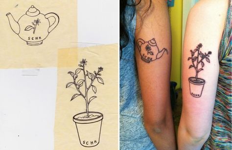 "CLARE: At the end of our sophomore year of college, Shriya and I decided to get complementary tattoos. We wanted two items that symbolized ourselves individually and our friendship collectively, and we wanted to depict the symbiotic nature of our relationship. We settled on a pot of bergamot tea and a potted bergamot plant, both drawn by me. She waters my plant, and I grow the tea to fill her pot." Complementary Tattoos, Bergamot Plant, Growing Relationship, Bff Tats, Bergamot Tea, Matching Friend Tattoos, Bestie Tattoo, Relationship Tattoos, Growing Together