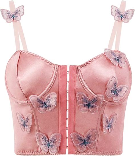 Embroidered Corset Top, Butterfly Corset, Crop Top Satin, Embroidered Corset, Top Spaghetti Strap, Lover Era, Top Satin, Pink Corset, Satin Crop Top