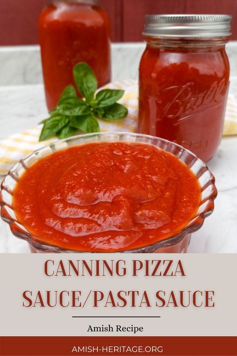 Bowl and jars of tomato pasta sauce Spaghetti Sauce Canning, Canned Pizza Sauce, Canning Pizza Sauce, Canning Pasta Sauce, Canning Spaghetti Sauce, Amish Canning, Best Amish Recipes, Italian Sauce Recipes, Canned Spaghetti Sauce