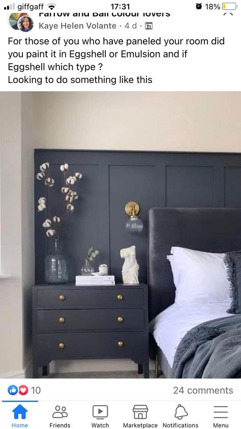 Blue Bedroom Panelling, Navy Panelling Bedroom, Grey Panelling Bedroom, Blue Feature Wall Bedroom, Night Bedroom, Dark Blue Bedrooms, Panel Ideas, Feature Wall Bedroom, Warm Bedroom