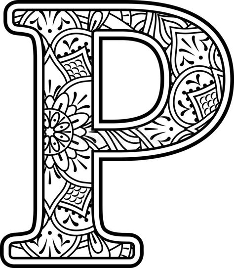 Initial p doodle mandala art coloring therapy. Initial p in black and white with doodle ornaments and design elements from mandala art style for coloring royalty free illustration Doodle Mandala Art, Doodle Ornaments, Doodle Mandala, Coloring Therapy, Fruit Art Drawings, Initial P, Doodle Art Letters, Valentine Coloring Pages, Heart Drawing