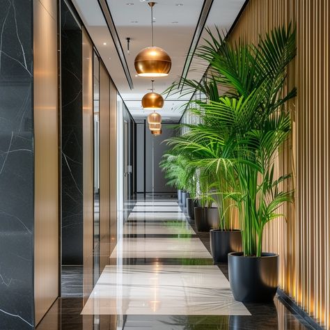 "Modern Hallway Design: An elegant and contemporary #hotelcorridor with polished floors, potted plants, and stylish pendant lighting. #interiordesign #moderndesign #hallwaydecor #hotellife #artificialintelligence #aiimages #downloadnow ⬇️ Download and 📝 Prompt 👉 https://stockcake.com/i/modern-hallway-design_225466_42392" Modern Corridor Design, Modern Hallway Design, Modern Corridor, Commercial Design Exterior, Hotel Corridor, Hotel Light, Corridor Design, Modern Office Interiors, Corridor Lighting