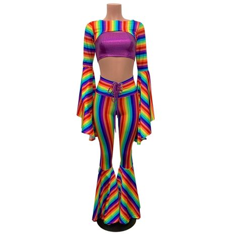 "Full of Pride" Costume - Rainbow Stripe Outfit w/ Bell Bottoms and Be – Peridot Clothing #pride #lgbtq #rainbow Rainbowcore Fashion, Pride Costume, Lgbtq Outfit, Costume Rainbow, Lgbtq Clothing, Outfit Aesthetics, Lgbtq Rainbow, Bolero Top, Mardi Gras Outfits