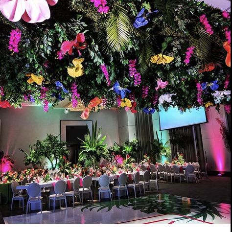 Jungle Disco Theme, Tropical Prom Theme, Tropical Dance Floor, Tropical Paradise Prom Theme, Tropical Disco, Neon Jungle Wedding Theme, Neon Jungle Wedding, Debut Decorations, Tropical Dance