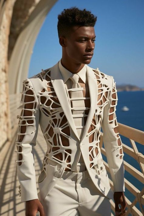 Must have for all GBB users' ! Futuristic Clothing Men, Smart Casual Menswear, High Fashion Men, Mens Fashion Editorial, Gay Fashion, Queer Fashion, White Suit, Fashion Suits For Men, Futuristic Fashion