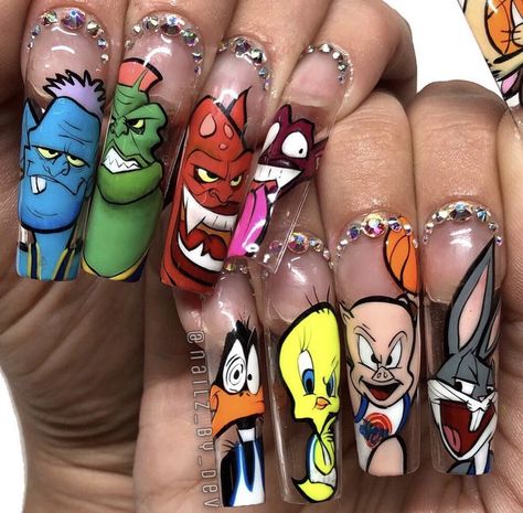 Villain Nail Art, Space Jam Nails, Looney Tunes Nails, Gang Nails, Space Jam Characters, 90s Cartoon Nails Acrylic, Raw Nails, Basketball Nails, Coffen Nails