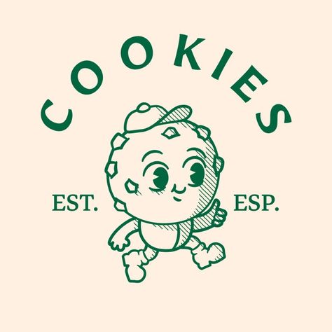 Logo para tienda de galletas guay retro Cookie Illustration Design, Logo Cookies Design Branding, Brand Mascot Design, Cookie Shop Logo, Cookies Logo Design, Chocolate Logo Design, Retro Cookies, Templat Amplop, Cookie Logo