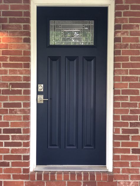 Sherwin Williams 020767 ln The Navy Navy Front Door Colors, Front Door Brick House, Navy Blue Front Door, Navy Door, Navy Front Door, Painted Exterior Doors, Front Door Paint, Ranch House Exterior, Blue Front Door