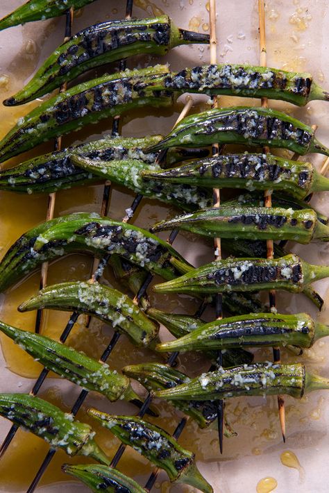 Grilled Okra with Garlic Vinaigrette – FARMER JONES FARM® AT THE CHEF'S GARDEN Grilled Okra, Garlic Vinaigrette, Micro Herbs, Okra Recipes, Micro Greens, Vegan Inspiration, Favorite Cookbooks, Smashed Potatoes, Food Garden