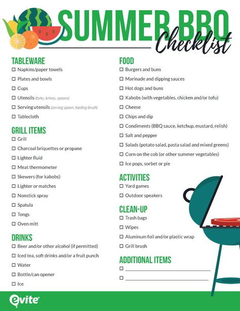 Summer BBQ shopping list. There's no better time to barbecue than the summer! Download our free summer BBQ checklist to plan a party to remember. Just print one out before you start shopping, then check off items as you go. Lake Bbq Ideas, Pool Party Planning Checklist, Summer Birthday Food Ideas Backyard Parties, Bbq Essentials List, Pool Party List Checklist, Party Items Checklist, Birthday Barbecue Party, Outdoor Summer Party Food Ideas Backyard Bbq, Bbq Ideas Grill Barbecue Backyard