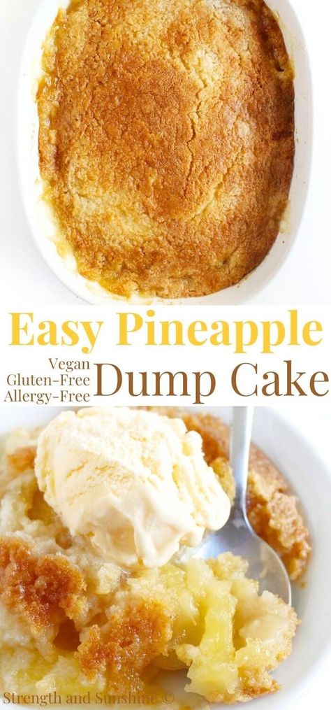 Pineapple Dump Cake (Gluten-Free, Vegan) | Strength and Sunshine | Delicious and easy pineapple dump cake! Just 3 to 4 ingredients, dump, and bake; this gluten-free and vegan dessert is buttery, sweet, and tangy! It's the perfect no-fuss recipe when you're short on time but still want to impress! With a golden brown crust and ooey gooey center, this tropical cake is perfect with a scoop of your favorite ice cream! Pineapple Cake Vegan, Dairy Free Dump Cake, Pineapple Dump Cake Easy, Apple Pineapple Dump Cake, Easy Dump Cake Recipes 3 Ingredients Crushed Pineapple, Pinapple Dump Cake, Gluten Free Pineapple Upside Down Cake, Vegan Dump And Bake, Dump Cake Crockpot