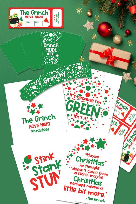 Snag cute Grinch movie night printables to make a movie night at home a blast. The Grinch theme that will make you feel like you are at the movies. Grinch Movie Ticket Printable, Grinch Breakfast, Grinch Movie Night, Movie Printables, Christmas Socks Exchange, Movie Night Printables, Movie Night Tickets, Grinch Printable, Cute Grinch