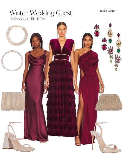 Burgundy Wedding Guest Dress Fall, Winter Wedding Black Tie, Winter Black Tie Wedding Guest Dress, Black Tie Wedding Guest Dress Winter, Burgundy Wedding Guest Dress, Black Tie Wedding Guest Attire, Black Tie Winter Wedding, Black Tie Optional Dress, Christmas Day Outfits