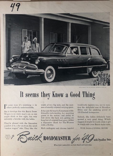 This vintage 1949 Buick Roadmaster ad showcases the elegance and sophistication of a bygone era. A perfect blend of design and powerful performance, this classic car has been a favorite for decades. Dive into automotive history with this exquisite piece. #VintageAd #BuickRoadmaster #1949 Buick Roadmaster, Car Advertising, Car Ads, Car Guys, Station Wagon, Classic American, Print Ads, Vintage Car, Vintage Ads