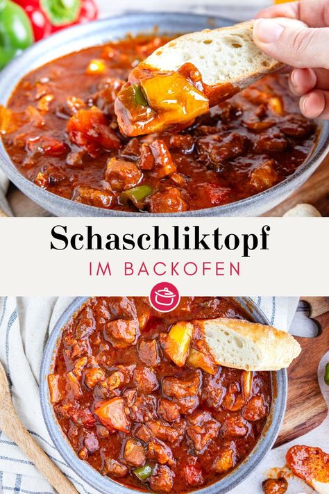 Keine Lust Schaschlik-Spieße zuzubereiten? Dann zaubere dir mit den üblichen Zutaten einen deftigen Schaschliktopf im Backofen! Merken & nachmachen. Party Essen, Meat Love, Healthy Kitchen, Cooking Together, Classic Dishes, Hearty Meals, Oven Baked, Winter Food, Cooking Meat