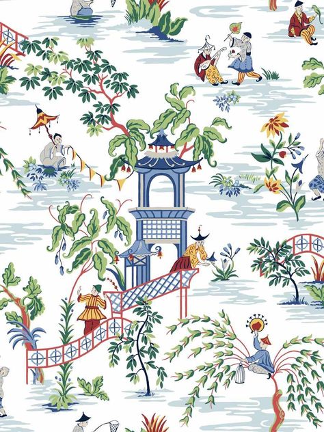 A fresh take on a classic Chinoiserie scene. Whimsical and charming, Tian Chinoiserie will add delicacy and refinement to any room. Thistle Wallpaper, Chinoiserie Art, Chinoiserie Motifs, Toile Wallpaper, Scenic Wallpaper, Navy Wallpaper, Chinoiserie Style, Scenic Design, Hand Painted Artwork