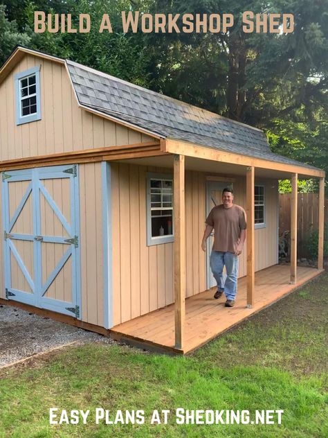 Small Barn Plans, Barn Style Shed, Shed With Loft, Shed Blueprints, Shed With Porch, Workshop Shed, Backyard Storage Sheds, Diy Storage Shed, Shed Building