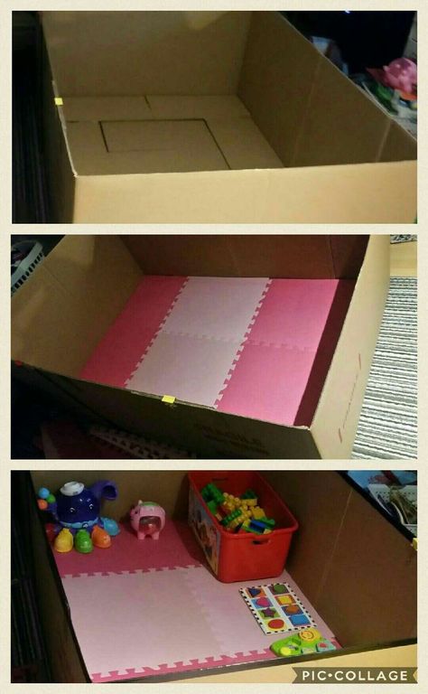 DIY Cardboard Playpen I didn't wanna spend too much money on a playpen that my daughter's not going to use for a long time so I made one out of large shipping boxes and old rubber mats. Yes, I thought of her literally tearing it apart or biting around the edges but that didn't stop me. I didn't spend money on it. When I put her in all she cared about was her toys. I'll let you know how long it will last. Diy Playpen, Kids Playpen, Puppy Playpen, Building A Workbench, Pet Bunny Rabbits, Rubber Mats, Diy Cat Toys, Baby Playpen, Pet Bunny