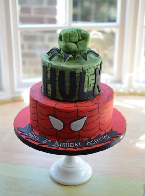 2 Tier Hulk and Spiderman cake Spiderman And Hulk Birthday Cake, Hulk Spiderman Birthday Party, Spiderman Hulk Birthday Cake, Hulk Cakes For Boys, Spiderman And Hulk Birthday Party, Hulk Spiderman Cake, Hulk And Spiderman Birthday Party, Hulk And Spiderman Cake, The Hulk Cake