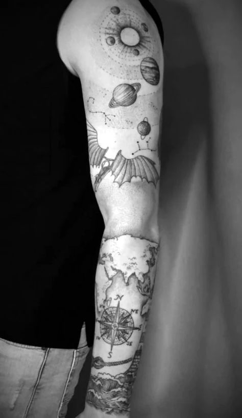 Tattoo Sleave Ideas Men, Sleeve Tattoos Space, Space Sleeve Tattoo Women, Space Half Sleeve Tattoo, Spaced Out Sleeve Tattoo, Space Tattoo Sleeve For Women, Space Tattoo Ideas For Men, Universe Tattoo Sleeve, Nautical Tattoo Sleeve For Women