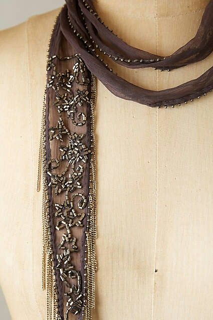 Metal touches on a billowy scarf Scarf With Beads, Beaded Scarf Pattern, Silk Scarf And Pearls, Beaded Scarf Necklace, Crystal Scarf, Disc Belt, Belt Scarf, Scarf Aesthetic, Boho Punk