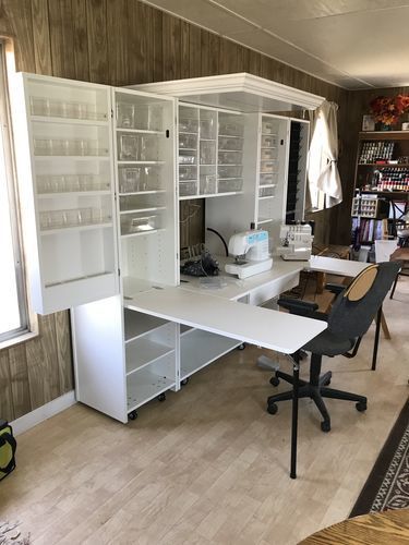 "There were a few spots that proved to be more than a one-woman job.  But that was limited to lifting and turning over the completed pieces.   My husband was very happy that I could assemble this mostly alone.  I love the organization ..." - Lorinda W. Sewing Workstation, Ikea Sewing Rooms, Sewing Room Ideas, Small Sewing Rooms, Craft Room Tables, Sewing Station, Sewing Room Furniture, Sewing Room Storage, Sewing Room Design