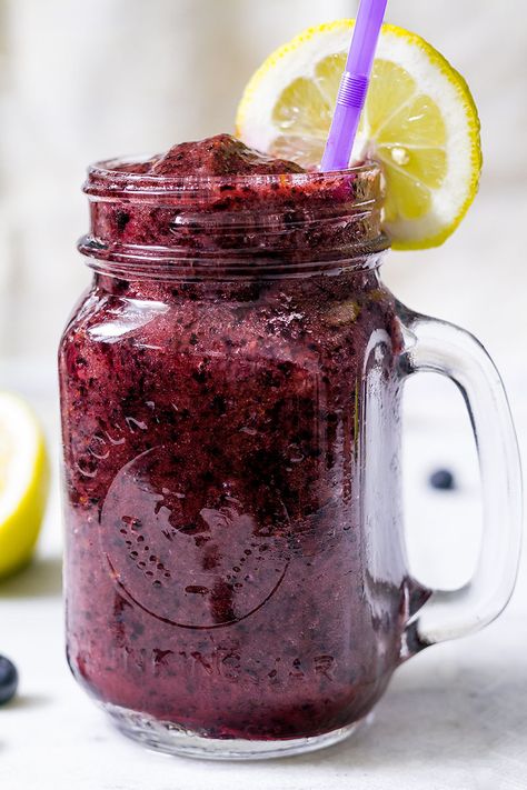 Blueberry Lemonade Slushie recipe Blueberry Slushie Recipe, Slushie Flavors, How To Make Blue Raspberry Slushie, Fresh Fruit Slushies, Blueberry Slushie, Blue And Red Slushie, Frozen Alcoholic Drinks Slushies Slush Recipes, Lemonade Slushie Recipe, Cheerwine Recipes