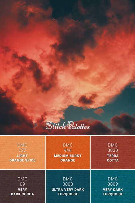 ⁣🎨 PALETTE ID: SPA0139⁣Floss color inspiration for cross stitch and embroidery projects.⁣🧵 Thread colors used 🧵⟼ DMC 722 / Light Orange Spice ⟼ DMC 946 / Medium Burnt Orange ⟼ DMC 3830 / Terra Cotta ⟼ DMC 09 / Very Dark Cocoa ⟼ DMC 3808 / Ultra Very Dark Turquoise ⟼ DMC 3809 / Very Dark turquoise Terracotta Orange Color Schemes, Terra Cotta Orange Color Palettes, Deep Blue And Orange Color Palette, Dark Turquoise And Burnt Orange Wedding, Burnt Orange Teal And Brown Living Room, Colors That Compliment Burnt Orange, Navy And Orange Palette, Burnt Orange And Turquoise Bedroom, Colors With Burnt Orange