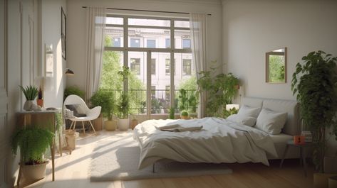 a bed room, queen bed, big window facing south, plants in front of the window, light covers, style condominiun, white walls 4k --ar 16:9 Bedroom Ideas Big Window, Window Siding, Bedroom Updates, Sleeping Room, Huge Windows, Window Light, Big Windows, Bedroom Windows, Queen Bed