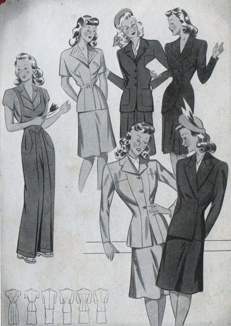 Moda anni 40 - Alla scoperta del Look e dello Stile anni 40 Wwii Fashion, Fashion History Timeline, 40s Dress, German Fashion, Fashion Illustration Dresses, 40s Fashion, 50s Vintage, 1940s Fashion, 50s Fashion