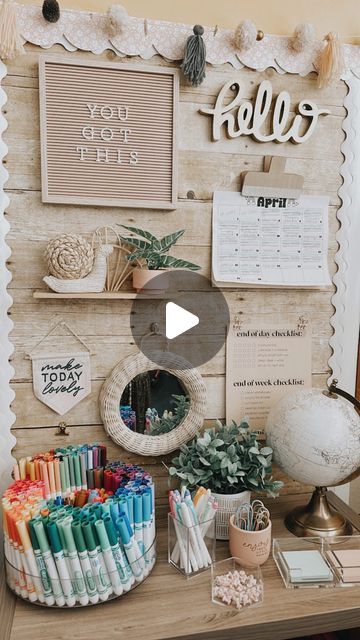 Boho Math Bulletin Board, Boho Classroom Inspiration, Boho School Office, Teacher Personal Bulletin Board, Office Gallery Wall Ideas Work Spaces, Elementary Teacher Must Haves, Fifth Grade Classroom Decor, Teacher Corner Ideas Classroom, Teacher Office Ideas