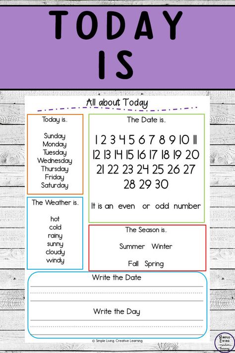 This freebie is a simple one page activity to help children learn about Today. It includes the day, the weather, the season and more. Today Is Worksheet Free Printable, Today Is Worksheet, Kindergarten At Home, Study Craft, Learning Journal, Middle School Science Experiments, Spring Writing, Weather Unit, Printable Kindergarten