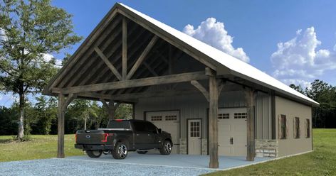 Shop With Carport, Metal Garage With Carport, Shop With Overhang, Metal Shop With Carport, 30x40 Pole Barn Garage, Pole Barn Storage Ideas, Metal Storage Building, 30x40 Pole Barn, Pole Building Garage