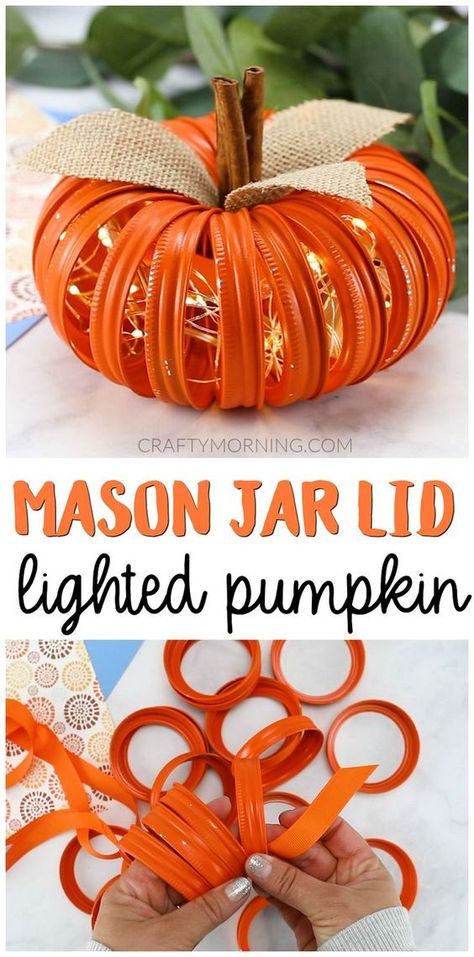 Lighted Pumpkins, Canning Ring Pumpkin, Mason Jar Lids Crafts, Lid Crafts, Jar Lid Crafts, Rings Craft, Mason Jar Pumpkin, Cute Fall Decor, Craft To Make